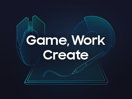 The words Game, Work, Create are written on a gaming mouse, circular graph, and tablet device.
