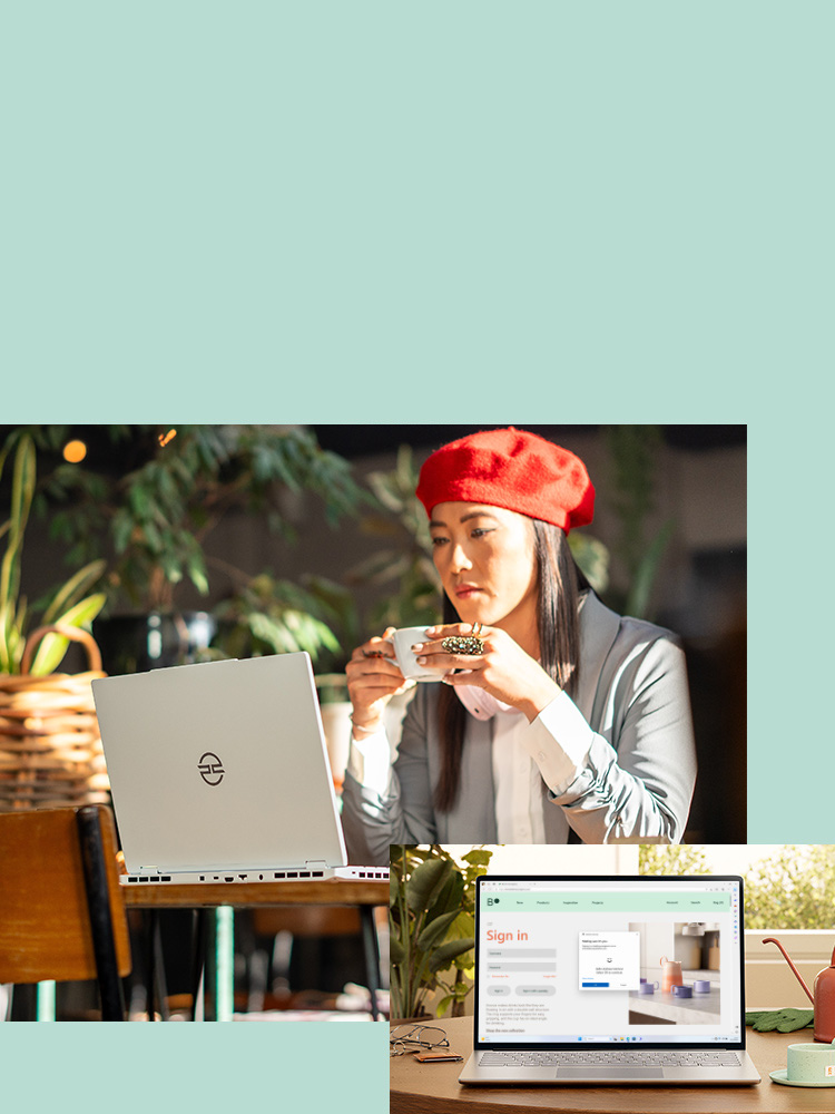 Kobieta przed laptopem PCSpecialist z systemem Windows 11